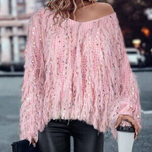 Pink Party Women's V-Neck Long Sleeve Sequin Sweater